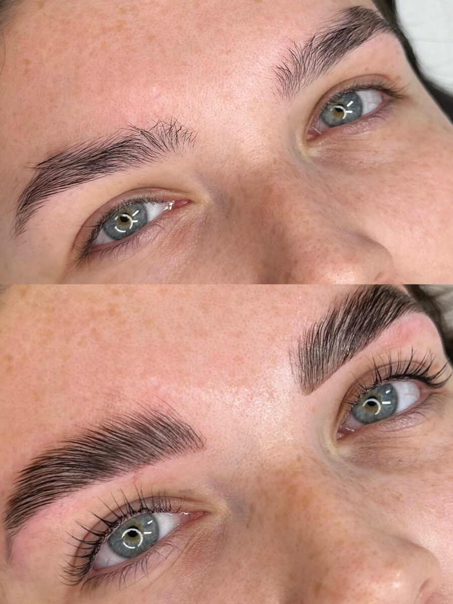 Brow lamination before and after comparison on a client