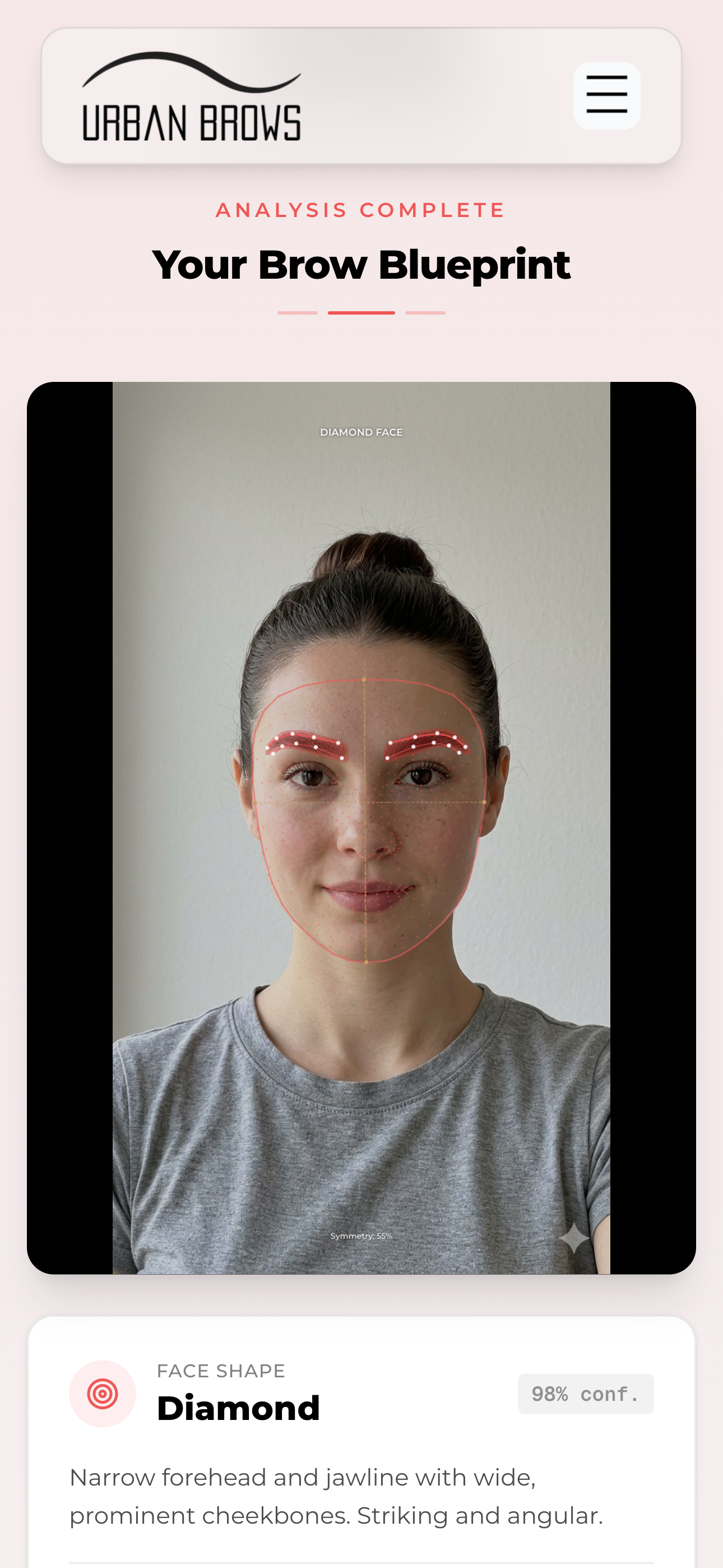 The Brow Shape Analyzer displaying facial landmarks and brow measurements on an uploaded photo
