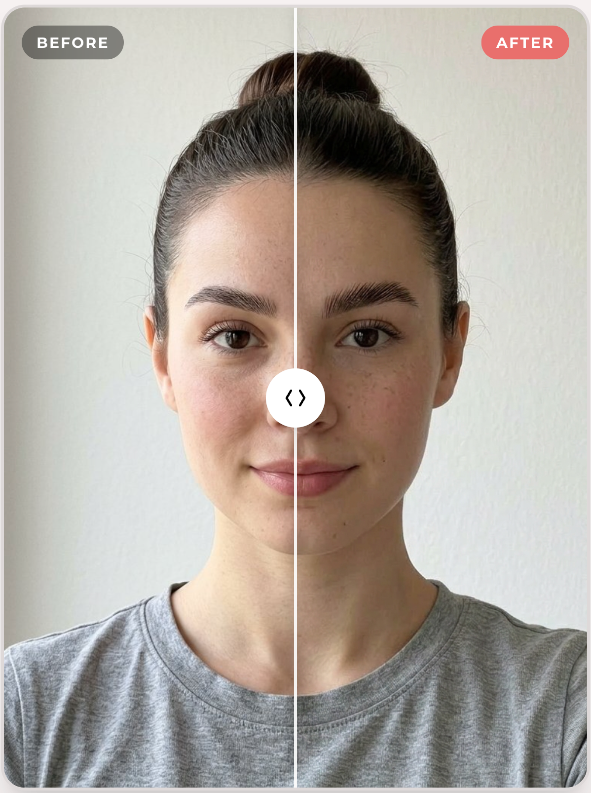 Before-and-after slider showing a brow lamination visualization result compared to the original photo