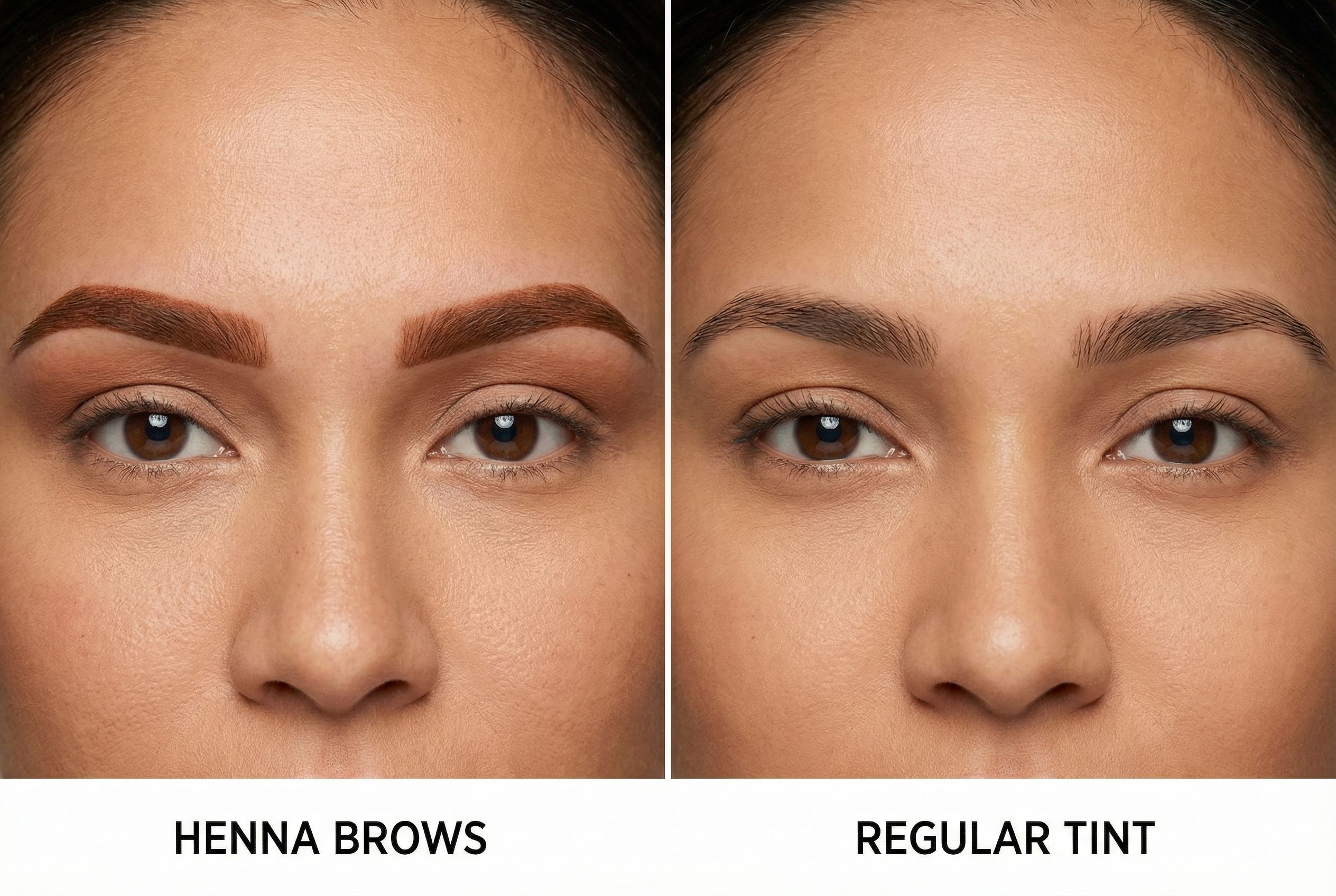 Side-by-side comparison of henna brows with skin stain versus regular tinted brows
