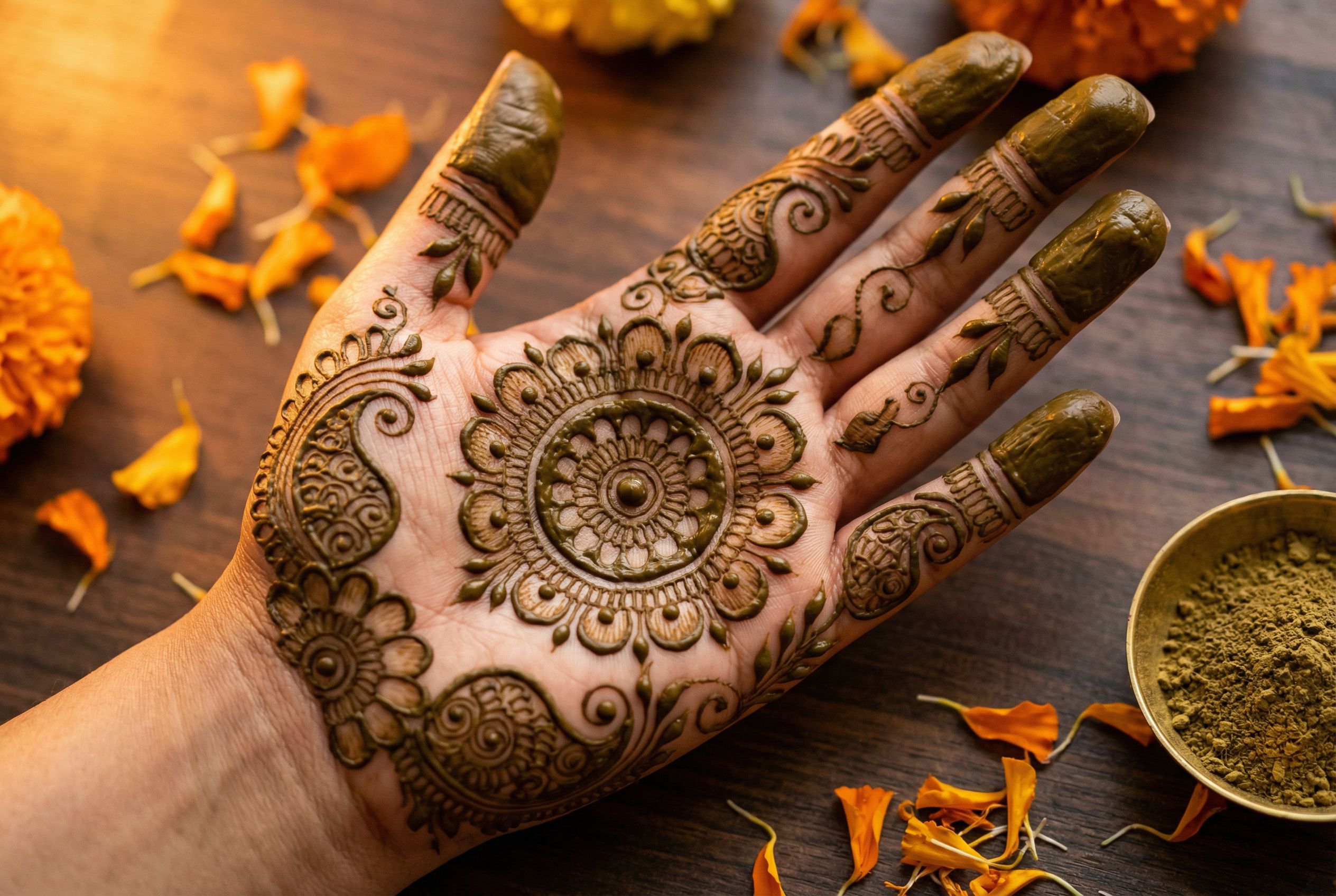 Traditional henna design on an open palm featuring paisley, floral, and vine motifs