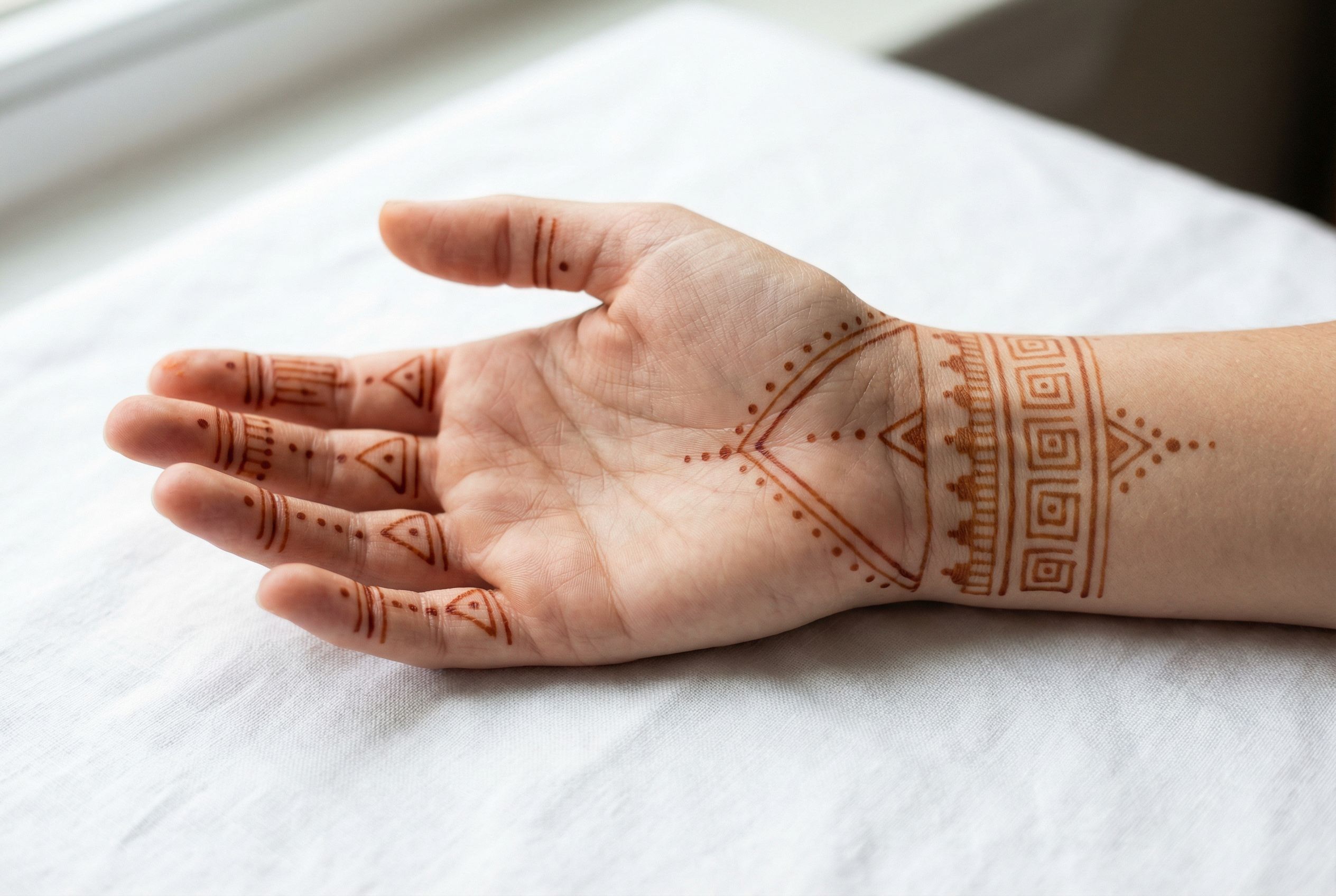 Contemporary minimalist geometric henna design with clean lines and dots on a woman's hand