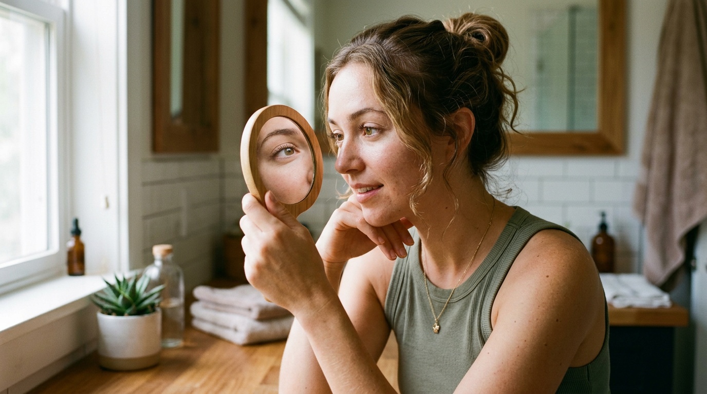 Woman examining her natural eyelashes in a mirror