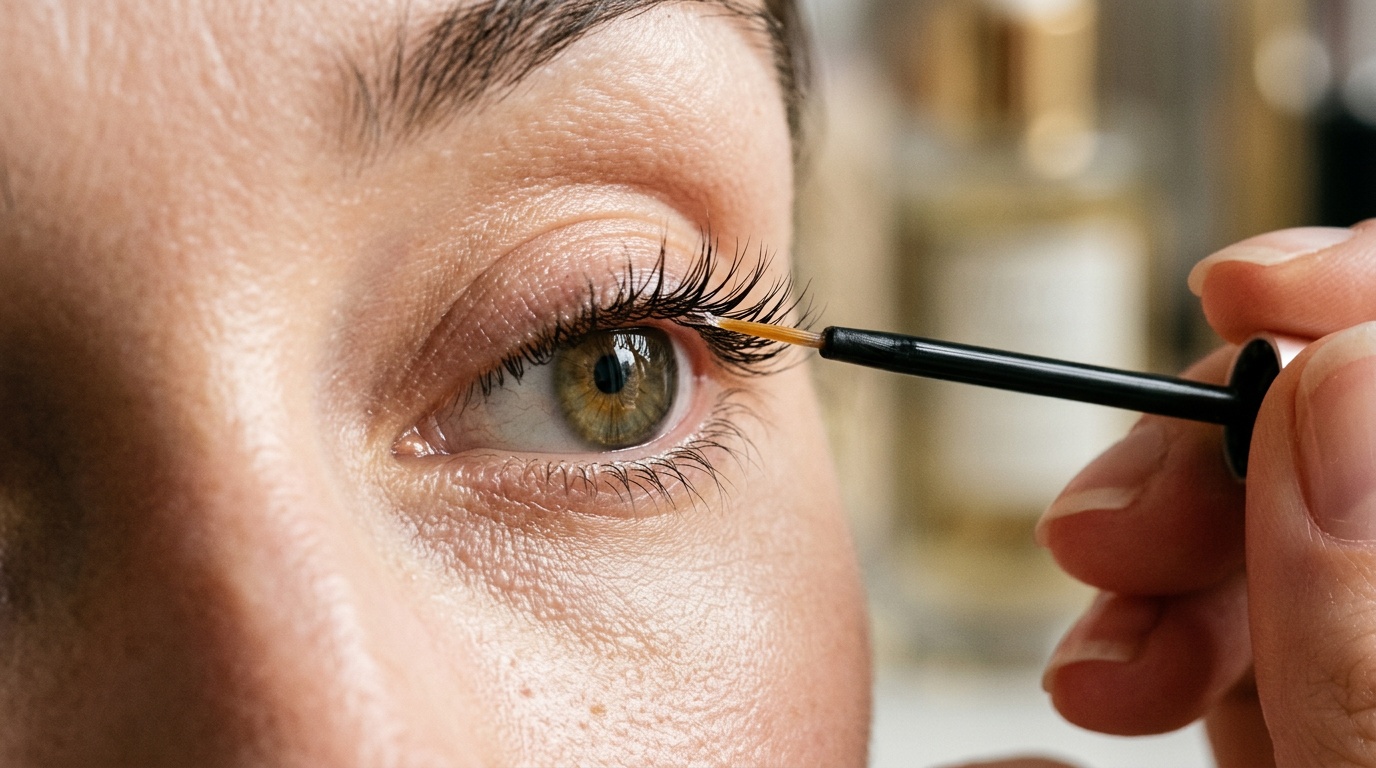 Close-up of applying lash growth serum to the lash line