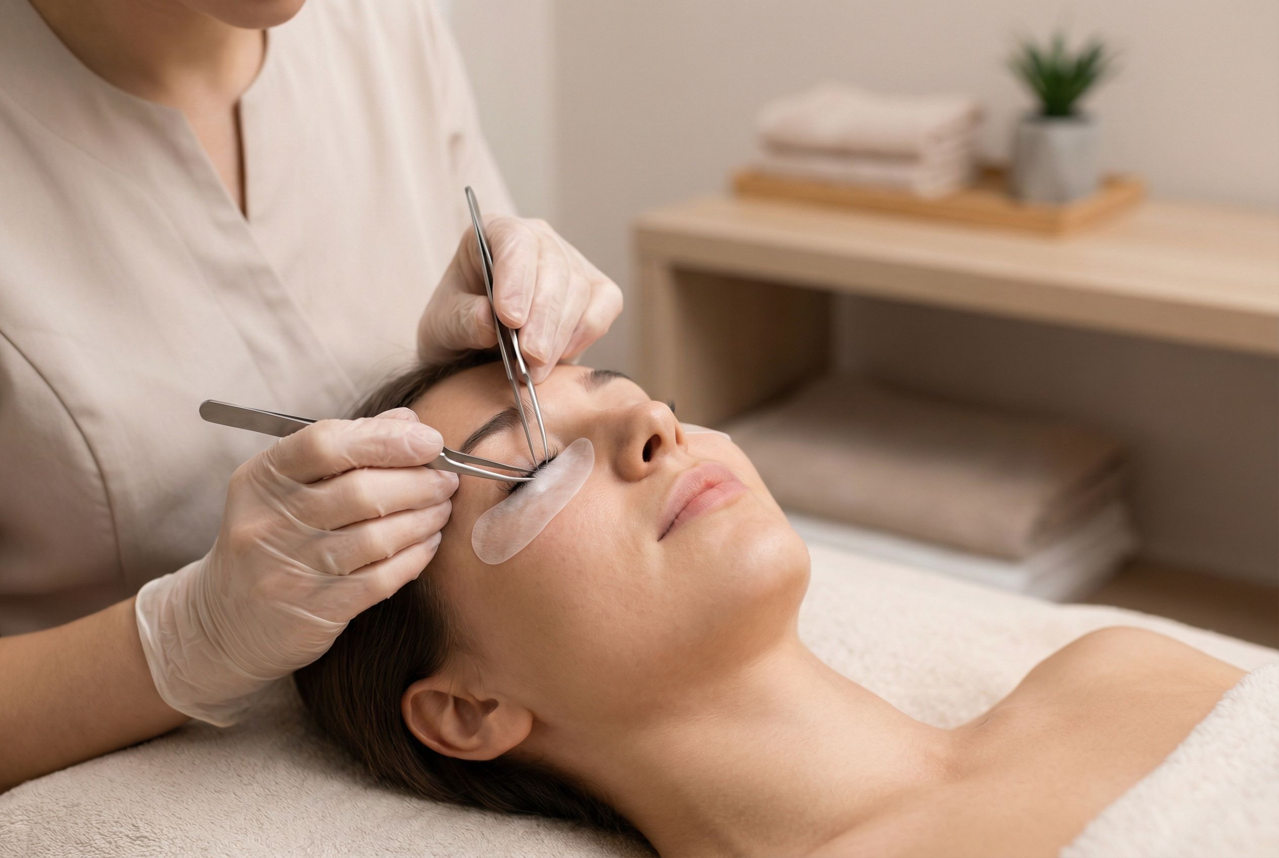 Lash artist applying individual extensions to a client lying comfortably with eyes closed