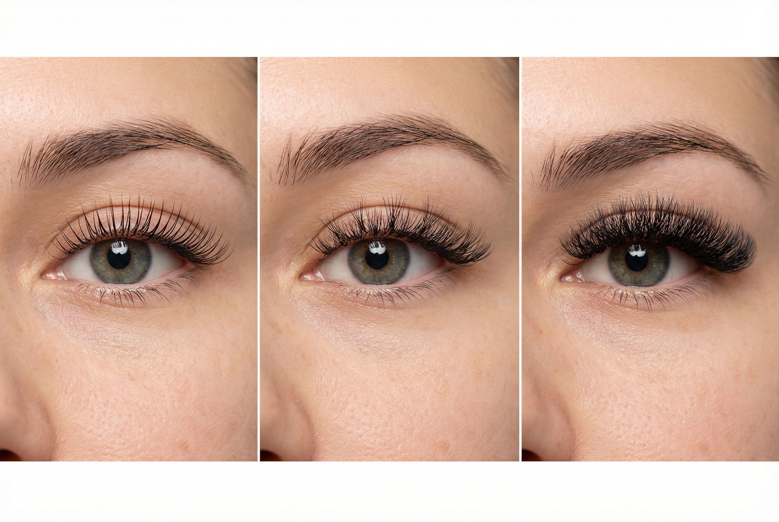 Comparison of classic, hybrid, and volume lash extension styles side by side