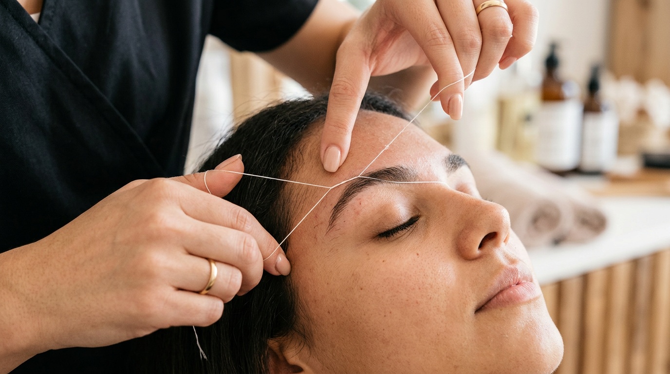 Close-up of eyebrow threading technique with cotton thread