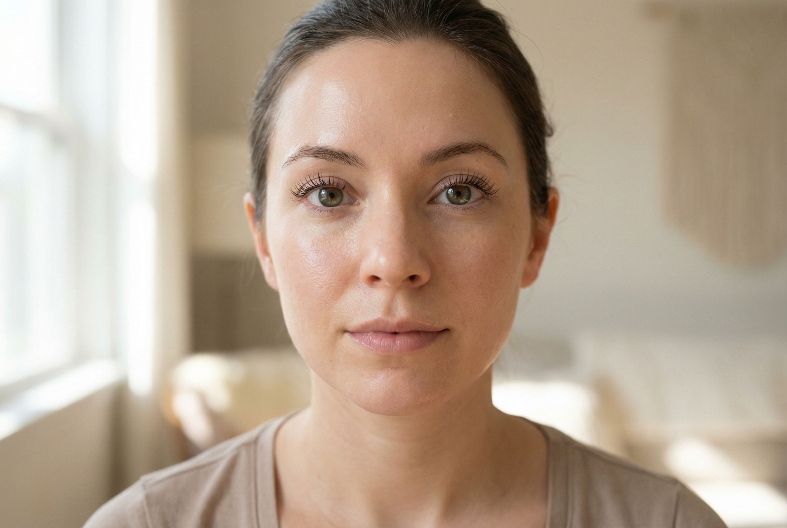 Woman brushing eyebrow hairs upward with a spoolie during her morning brow routine