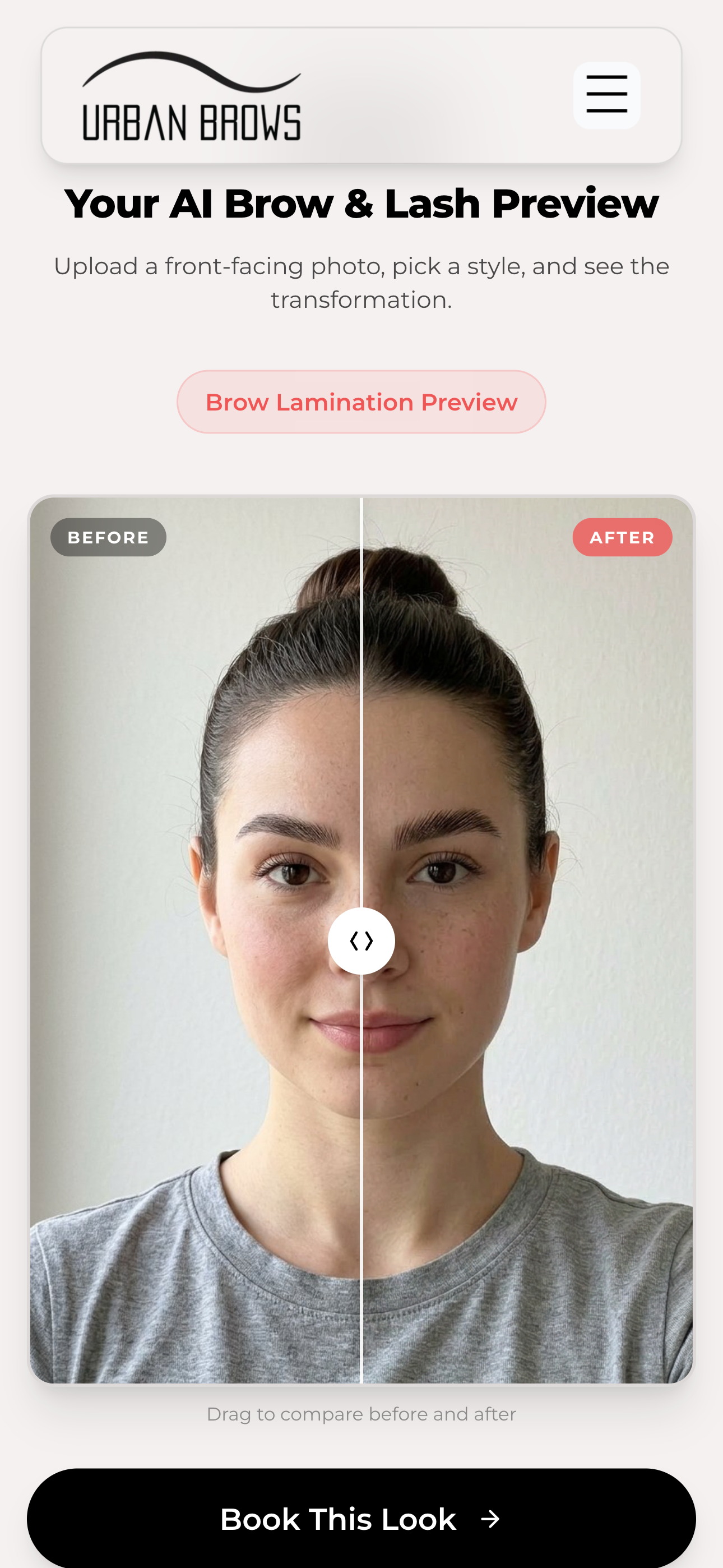 The before-and-after slider showing a volume lash preview compared to the original photo