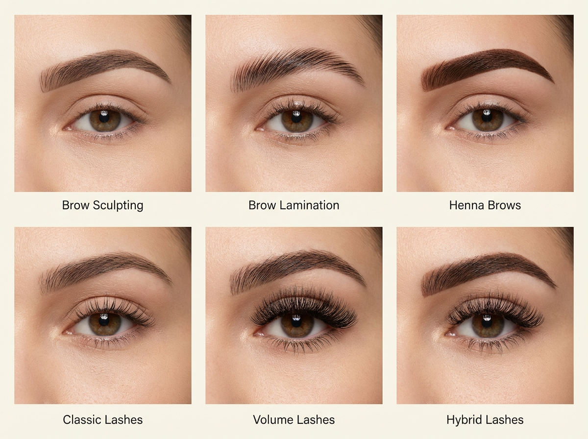 Side-by-side grid showing the six available visualizer styles: brow sculpting, brow lamination, henna brows, classic lashes, volume lashes, and hybrid lashes