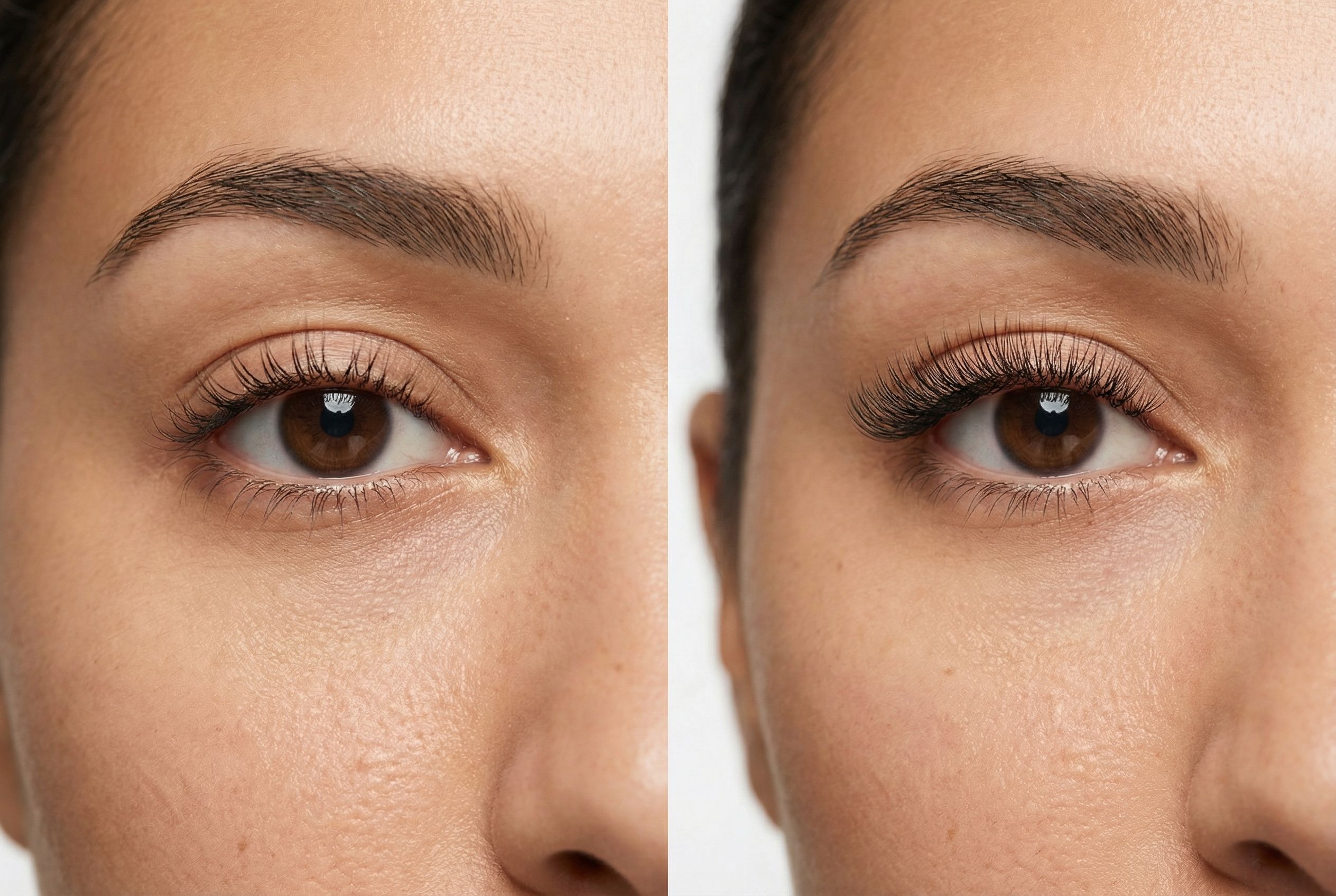 Side-by-side comparison of a natural lash lift result and volume lash extensions